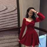 leapord halloween outfit French Style Dress New Year Clothes Women's Battle Dress Hepburn Style Velvet Dress Red Retro Square Collar Bottoming Dress