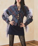 2000s fashion Waist-Tight Batwing Sleeve Plaid Suit Jacket Low Waist Hip Skirt Two-Piece Suit Skirt