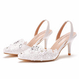 android vs cyberborg dress to impress 7cm Low-Cut Pointed Sandals White Lace Beaded Stiletto Heel Sandals plus Size Wedding Shoes Bridal Wedding Party