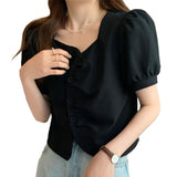 Stetnode French style puff sleeve short tops summer cover belly thin irregular shoulder niche short sleeve shirt chic 9578