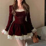 Stetnode  Vintage Lace Patchwork Deerskin Velvet Sweet Long-sleeved Dress Women 2024 Spring New Square Neck Sexy Slim Pleated Party Dress