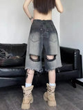 Stetnode Washed Gradient Hole Denim Shorts American Street High Waist Black Jeans Women Y2k E-Girl Loose Knee-Length Wide Leg