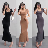 Stetnode 2024 Summer Solid Color Slim Long Dress Women Short Sleeve Skinny Bodycon Maxi Dresses Woman Square Collar Party Vestidos Mujer