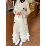 Stetnode 2024 Spring New Streetwear Pleated Loose Lace Pants Women + Colorful Cotton Ball Hollow Knitted Dress + T-Shirt Three-Piece Suit