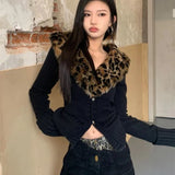 Stetnode American V-neck Leopard Print Fur Collar Cardigan Autumn Winter New Sweaters Coat Women Y2k Slim Fit Long Sleeve Tops Mujer