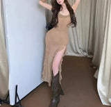 Stetnode Spring Outfit Brown Elegant Sexy Club Hooded Ruffles Midi Dress Women Irregular 2024 Spring Summer Trend Bodycon Birthday Party Split Dresses