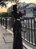 Stetnode Korean Simple High Waist Hollow Out Black Pants+ Y2k E-Girl Slim Fit Mesh Long Sleeve Tops Women  Grunge Two Piece Sets