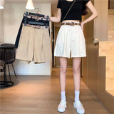 Stetnode Pure Cotton Suit Shorts Women Fashion Belt Black Wide Leg Shorts 3Xl Summer Ladies Korean Elegant White Baggy Short Pants