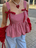 Stetnode Y2k Tank Top Sleeveless Women Red Gingham Bow Tie Down Camisole Ruffle Hem Peplum Tops Summer Streetwear