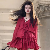 Stetnode Elegant V-neck Ruffles Long Sleeve Tops Women+ Y2k E-Girl High Waist Ruched A-line Skirts Spring New Red Two Piece Sets