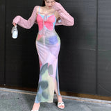 Stetnode 2024 Autumn New Korean Butterfly Tie-Dye Mesh Elegant Party Dress + Lace-up Casual Knitted Long-sleeved Cardigan Two-piece Suit