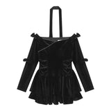 Stetnode  Off-shoulder Sexy Slim Velvet Black Long-sleeved Dress Women 2024 Spring New Korean Fashion Bow Pleated Halter Party Dress