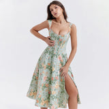 Stetnode Summer Elegant and Beautiful Dress 2024 Green Lace Up Floral Print Dress Sexy Casual Corset Party Holiday Dress