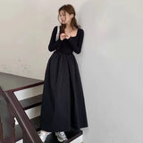 Stetnode Autumn Long Sleeve Black Dress Women Korean Elegant Slim Square Collar Midi Dress Female Hepburn Style All-Match A Line Dress