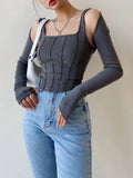 Stetnode Women Striped Stitching Slim T-shirt Female 2 In 1 Shrug Set Co-ord Crop Shrug And Corset Tank Tops Set Y2k Streetwear New