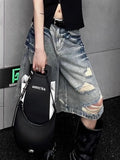 Stetnode American Street Washed Blue Denim Shorts Y2k E-Girl High Waist Loose Wide Leg Jeans 2024 New Hole Straight Knee-Length Pants