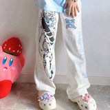 Stetnode Y2K Anime Print White Pants Women Harajuku Manga Subculture Wide Leg Trousers Japanese Style Kawaii Cartoon Sweatpants