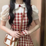 Stetnode French Chic Retro Design Waist Mid-length Red Plaid Straps Dress Women + Sweet Doll Collar Shirt Y2K Korean Fashion