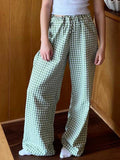 Stetnode y2k Wide Leg Pants Vintage Elastic Waist Plaid Striped Print Pants Women Lounge Trousers Pockets 00s Retro Pajams Bottom