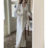 Stetnode  V-neck Mesh Splicing Hollow Sexy Long-sleeved Dress Women 2024 Spring New Korean Solid Color Elegant Knitted Dress with Scarf