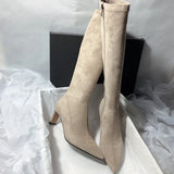 Stetnode Pointed Toe Women Sock Knee High Boots Fashion Zippers Slim Long Booties Square Heel Autumn Winter Ladies Shoes