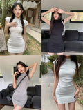 Stetnode Spring Outfit Korean style Dresses Women Solid Summer Slim Fashion Mini Popular Chic High Waist Ladies Temperament Elegant Half  Collar