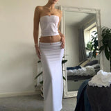 Stetnode 90s Vintage Backless Cropped Camis 2 Piece Set 00s Retro Y2K Lace Trim Strapless Tube Tops + Long Skirt Wrap Bodycon Streetwear