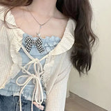 Stetnode Kawaii Candy Color Crop Top Women Japanese Lolita Sweet Tank  Boe Ruffle Short Tee Shirt All Match Cute s 2024