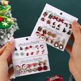 Stetnode 6 Pairs/Set Merry Christmas Series Stud Earrings for Women Cute Santa Claus Snowflake Elk Ribbon Earring Set Party Jewelry Gift