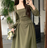 Stetnode 2024 Spring and Summer outfitSummer Elegant Party Casual Lady Long Dresses Retro Folds Puff Sleeves Fashionable Sexy Design Slimming Waist Green Dress