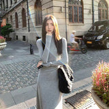 Stetnode Autumn Half Turtleneck Dress Women Korean Elegant Black Hepburn Style Midi Dress Y2K High Waist Long Sleeve Warm A Line Vestidos