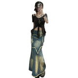 Stetnode 2000s Retro Y2K Aesthetics Grunge Long Skirt Vintage Mall Goth Streetwear Hippie Style Vintage Star Tassel Pattern Denim Skirts