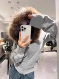 Stetnode American Retro Fur Collar Hooded Cardigan Coat Women Spring Autumn New Slim Fit Zipper Jackets Y2k Long Sleeve Sweatshirts