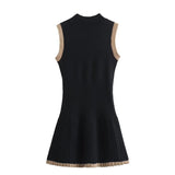 Stetnode Autumn Women's Sexy Black Knitted Dress Elegant Mini Sleeveless Pleated Dresses O-neck High Streetwear Robes