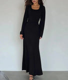 Stetnode  Neck Lace-Up Ribbed Maxi Dress Female Long Sleeve Fashion Slim Loose Bandage Dress Autumn Solid Women Dress New