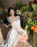 Stetnode  Spring and Summer Square Collar Blue Elegant French Retro Long-sleeved Princess Prom Dress Bohemian Temperament Floral Dresses