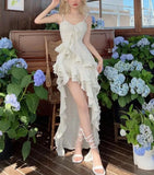 Stetnode Spring Outfit Elegant Spaghetti Strap Dress Women Irregular Flounce 2024 Summer Trend Skinny Split Maxi Bodycon Birthday Party Clubwear