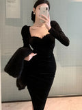 Stetnode Women's Sexy Black Dress New Fashion French Velvet Long Sleeve Wrap Hip Irregular Elegant Dresses Spring One Piece Vestidos Chic