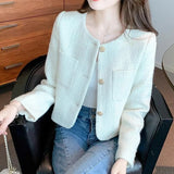 Stetnode Korean Fashion Tweed Cropped Jackets for Women 2024 Spring Round Neck Chic Coat Woman Beige Single-Breasted Jacket Female