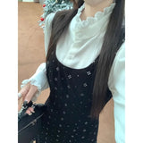 Stetnode 2024 Spring New Stand-up Collar Pleated Lace-up White Long-sleeved Shirt Women + Floral Print Velvet Sling Dress Two-piece Suit