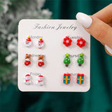 Stetnode 6 Pairs/Set Christmas Stud Earring For Women Cute Cartoon Resin Snowflake Santa Claus Elk Earrings Girl Party New Year Jewelry