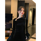 Stetnode Vintage Velvet Midi Dress Women Elegant Folds Bodycon Black Dresses Party Prom Korean Diagonal Collar Long Sleeve Vestidos