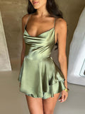 Stetnode Satin Solid Cami Playsuits Short Jumpsuits Cross Tie-Up Backless Romper Clubwear Dress Bandage Wide Leg Short Romper Ruffles