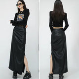 Stetnode Black High Waist Folds Side Split Pu Leather Skirts For Women Autumn Winter Elegant Brown Bodycon Long Skirts