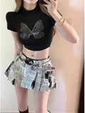 Stetnode American Printed Pleated Skirts 2024 Autumn New Low Waisted A-line Skirt for Women Y2k Grunge Faldas Mujer Newspaper