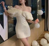 Stetnode Spring Outfit White Sexy Club Off Shoulder Gown Short Dress Spring Summer Elegant Birthday Evening Party Spliced Velvet Mini Dress 2024 Women