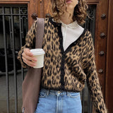 Stetnode Fashion Lepard Knitted Sweater Cardigan For Women Loose Casual Long Sleeve Retro Single Breatted Sweater Autumn Outwear