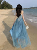 Stetnode Women Mesh Tulle Beach Dress Summer Sleeveless Spaghetti Strap Backless Long Dresses Elegant Evening Party Slip Robe