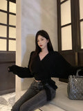 Stetnode Vintage Lazy Cross Knitted Tops Mujer 2024 Autumn New V-neck Lace Up Cardigan Y2k Long Sleeve Slim Fit Sweaters Coat Women