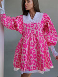 Stetnode Korea Fashion Pink Lovely Lantern Sleeve Dresses Leopard Print Long Sleeve A line Dress Casual Doll Collar Dresses Women 2024